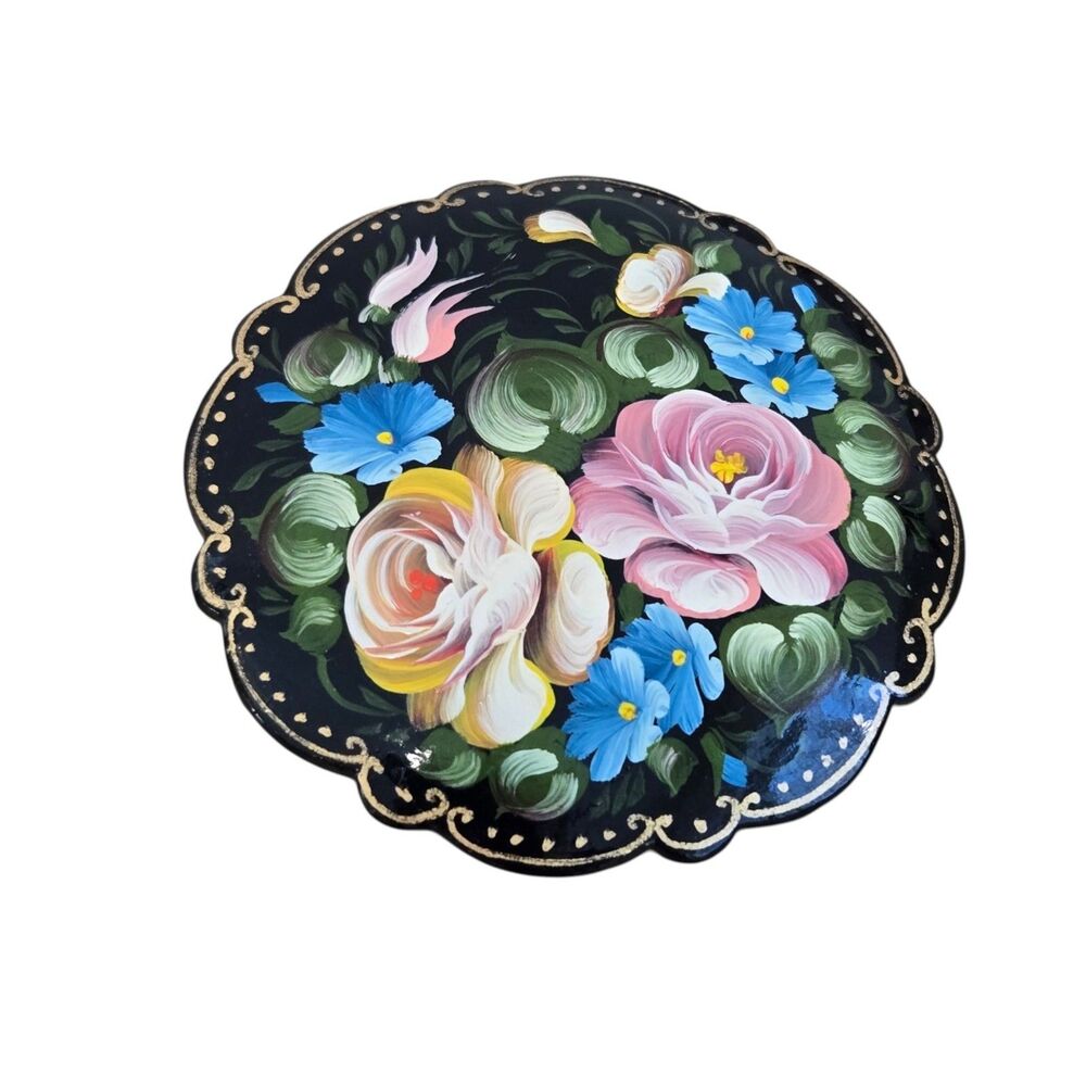 Vintage Signed Russian Hand Painted Lacquer Floral 2" Brooch Roses Spring Colors